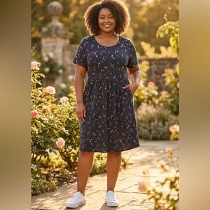 Kaileigh Womens XXL Black Floral Dress Short Sleeve Empire Waist Casual Midi